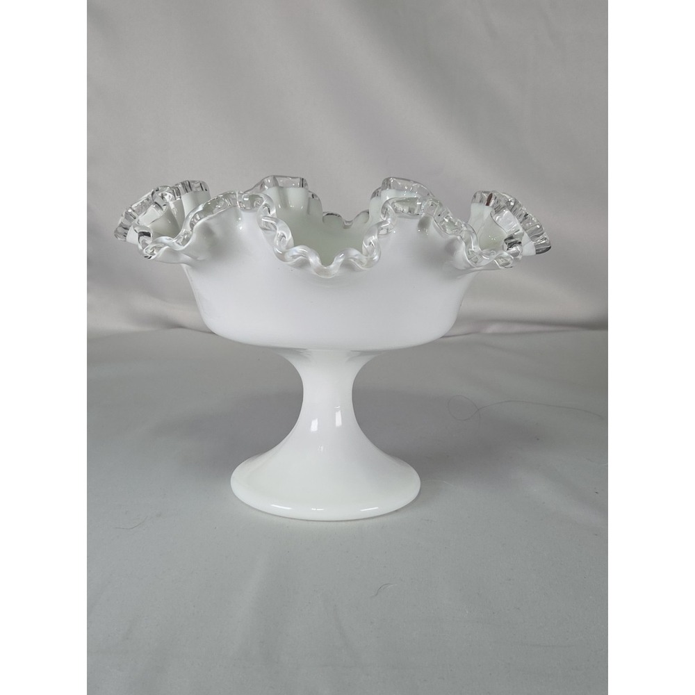 Vintage Fenton Milk Glass Silver Crest Pedestal Compote Ruffled Edge Dish